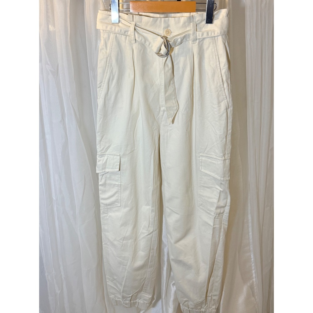 Sunday Best Cargo Joggers Womens 6 Cream Belted High Waist Pleated Cotton Pants